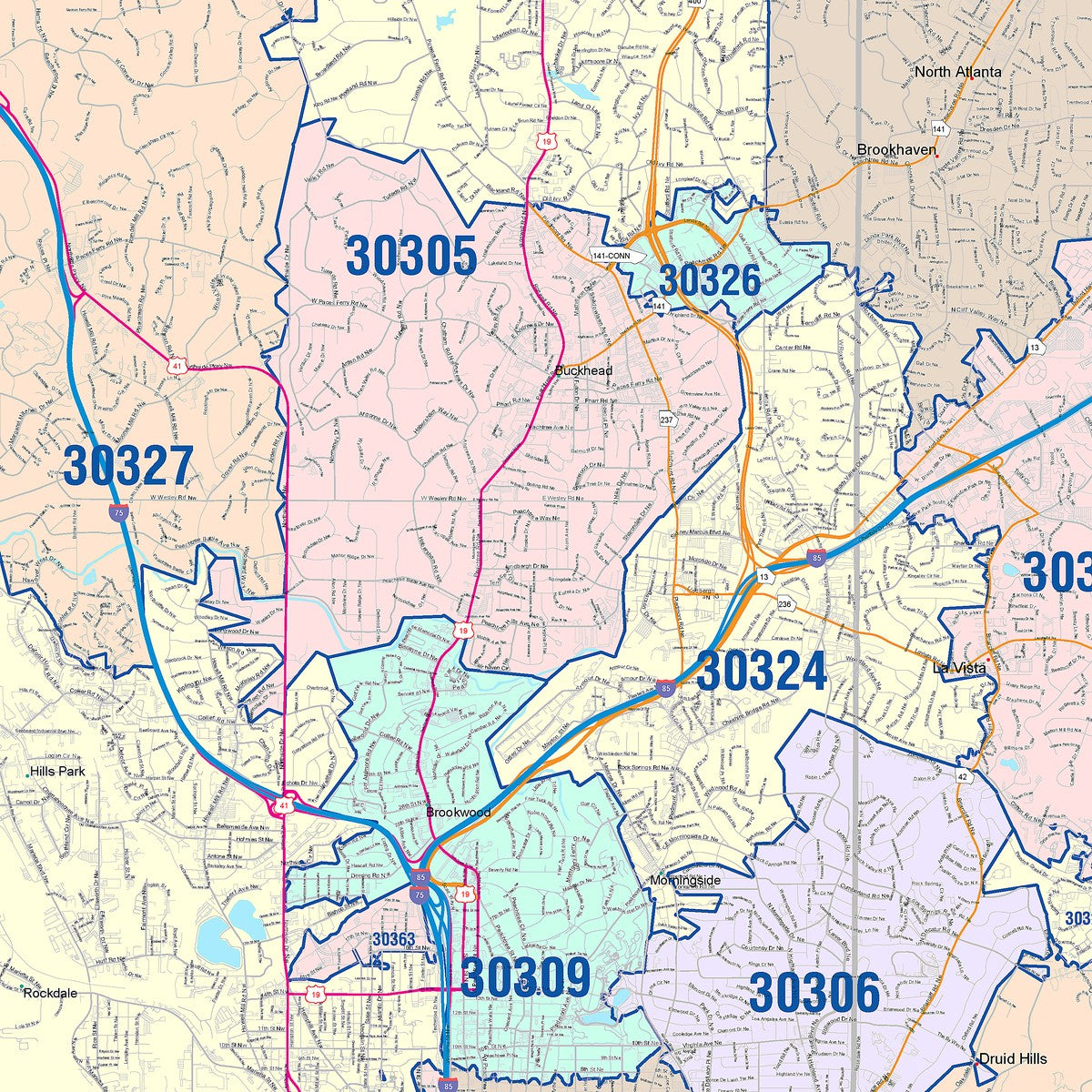 Lula Ga Zip Code Map Color Cast Zip Code Style Wall Map of Atlanta, GA – American Map Store