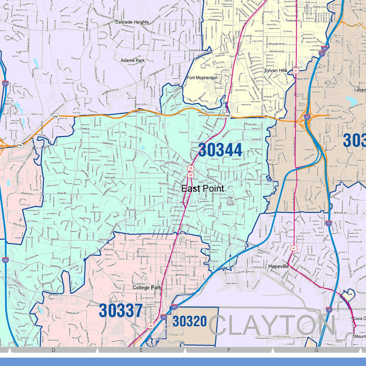 Color Cast Zip Code Style Wall Map of Atlanta, GA – American Map Store