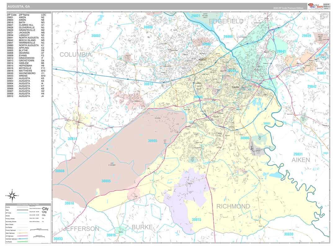Premium Style Wall Map of Augusta GA