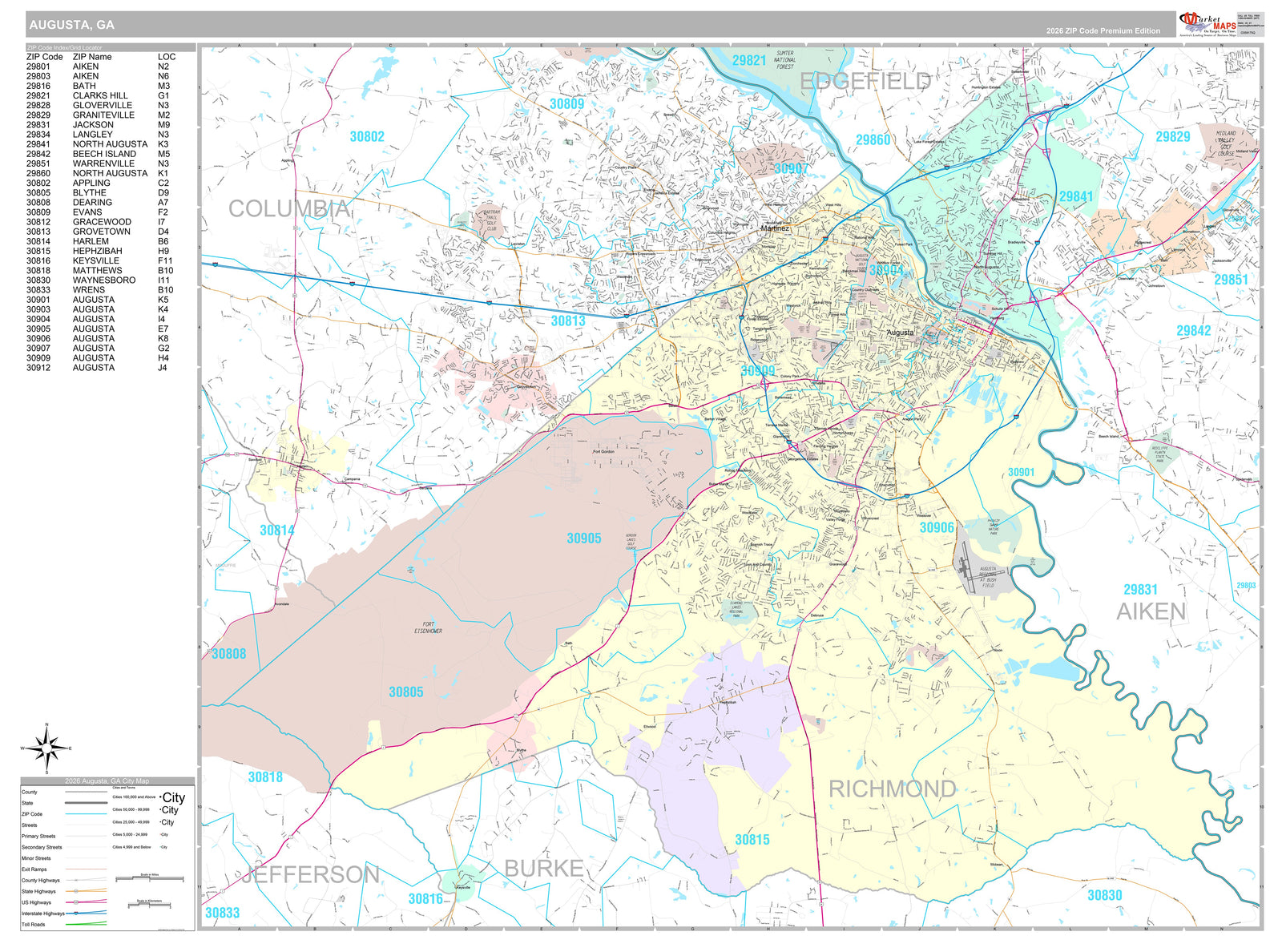 Premium Style Wall Map of Augusta GA