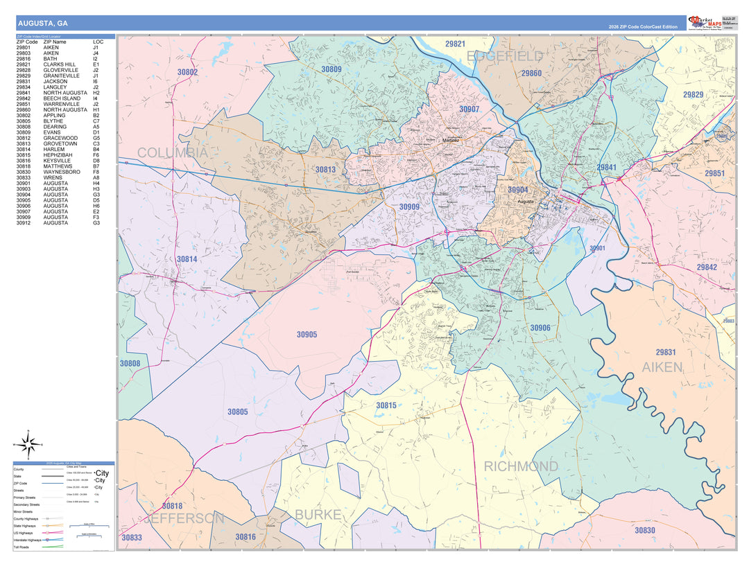 Color Cast Zip Code Style Wall Map of Augusta, GA
