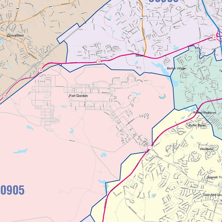 Color Cast Zip Code Style Wall Map of Augusta, GA