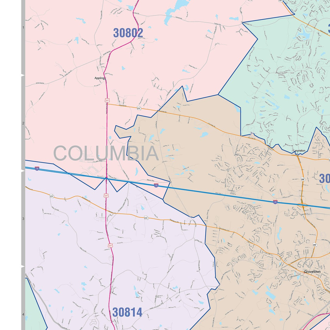 Color Cast Zip Code Style Wall Map of Augusta, GA