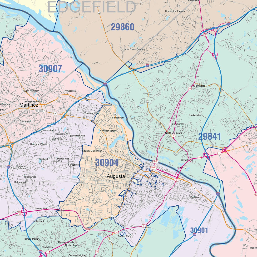 Color Cast Zip Code Style Wall Map of Augusta, GA