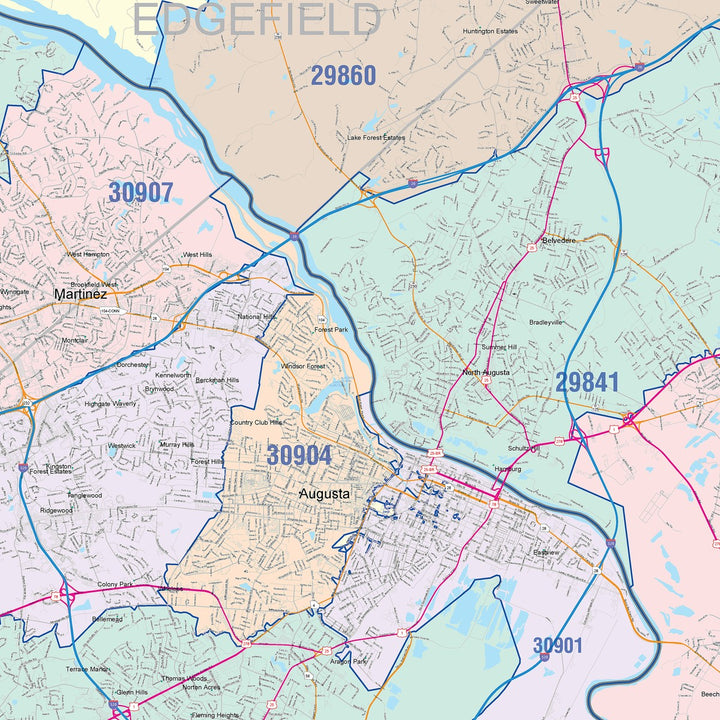 Color Cast Zip Code Style Wall Map of Augusta, GA
