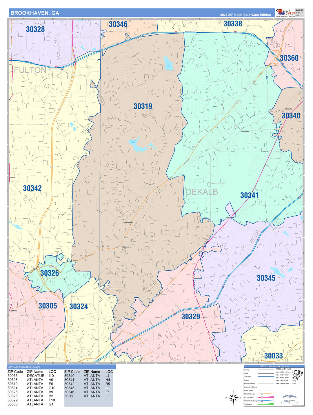 Color Cast Zip Code Style Wall Map of Brookhaven, GA