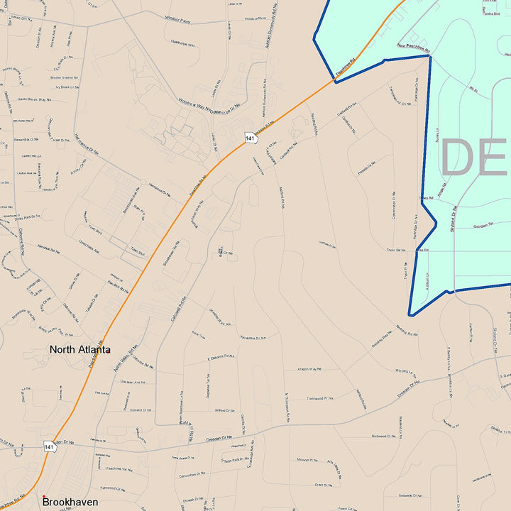 Color Cast Zip Code Style Wall Map of Brookhaven, GA