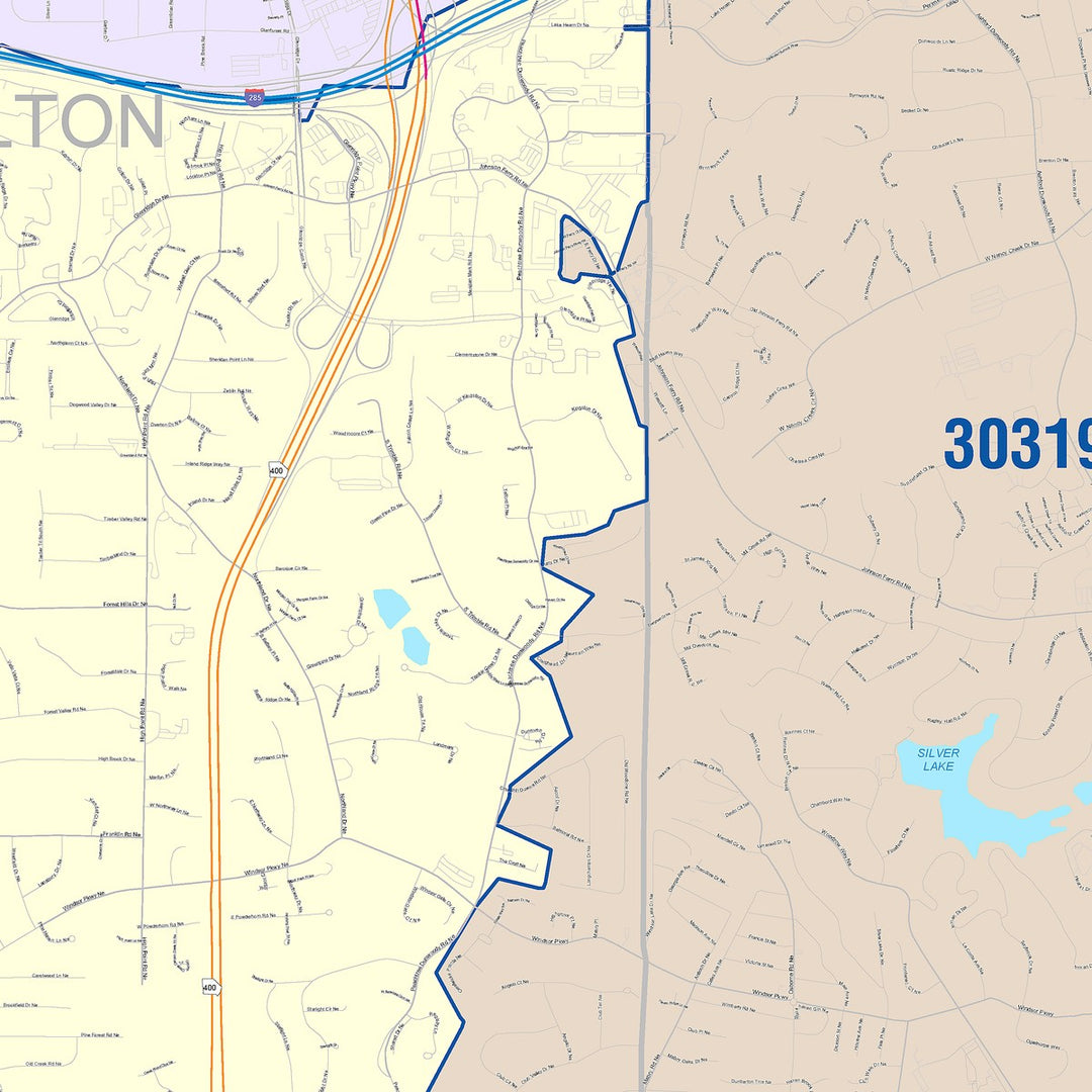 Color Cast Zip Code Style Wall Map of Brookhaven, GA