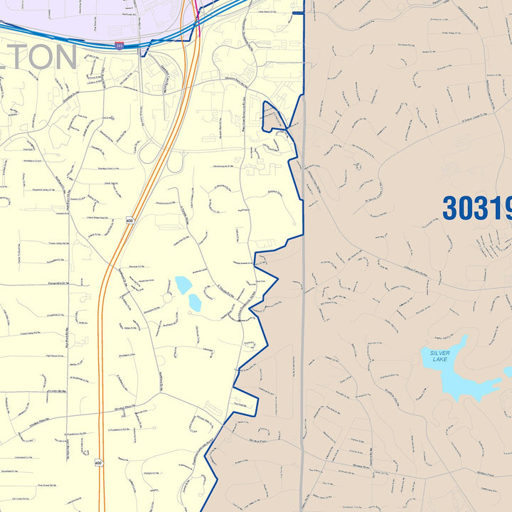 Color Cast Zip Code Style Wall Map of Brookhaven, GA