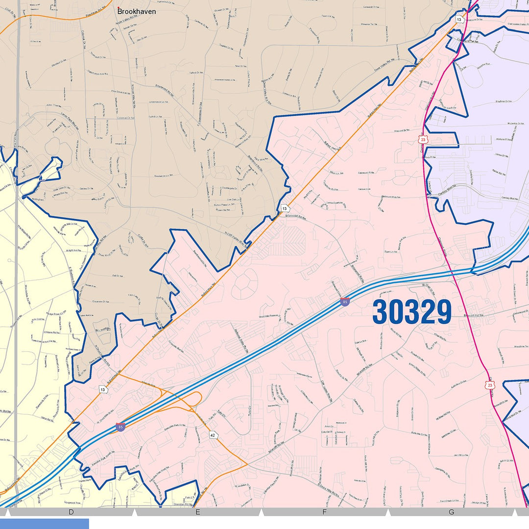 Color Cast Zip Code Style Wall Map of Brookhaven, GA
