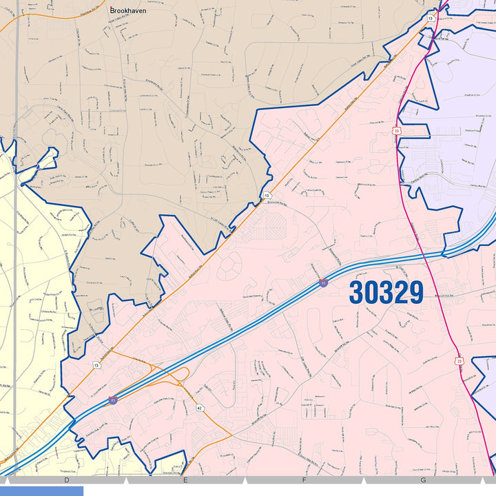 Color Cast Zip Code Style Wall Map of Brookhaven, GA