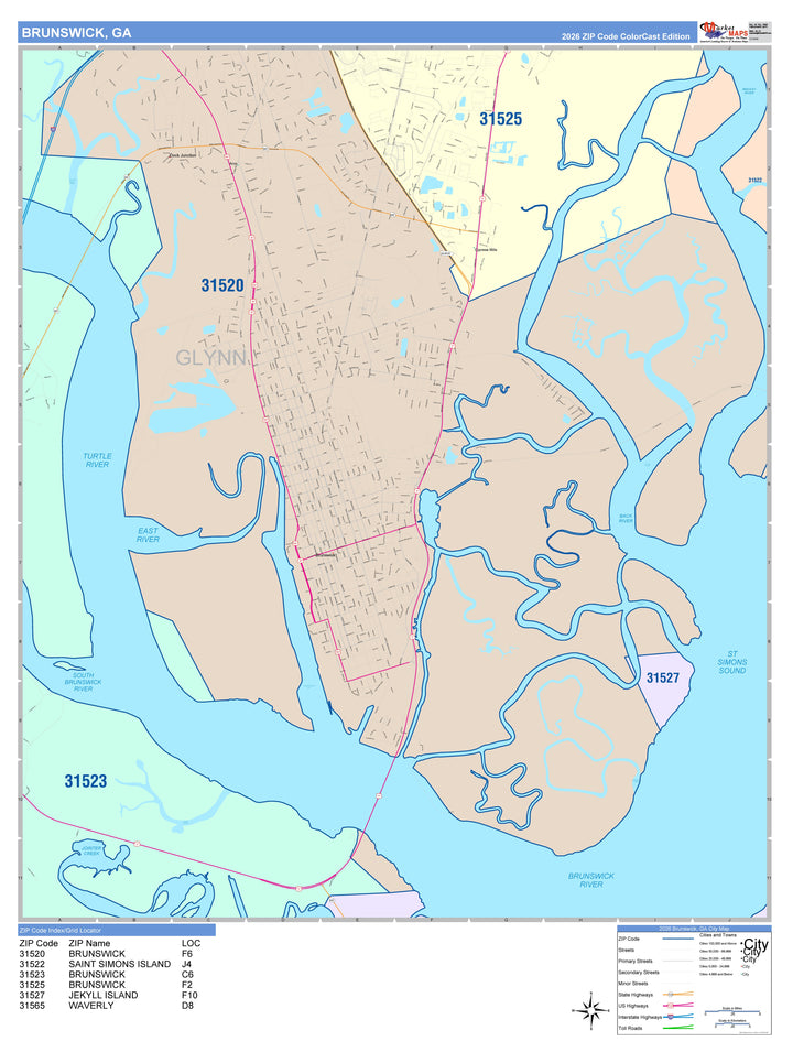 Color Cast Zip Code Style Wall Map of Brunswick, GA