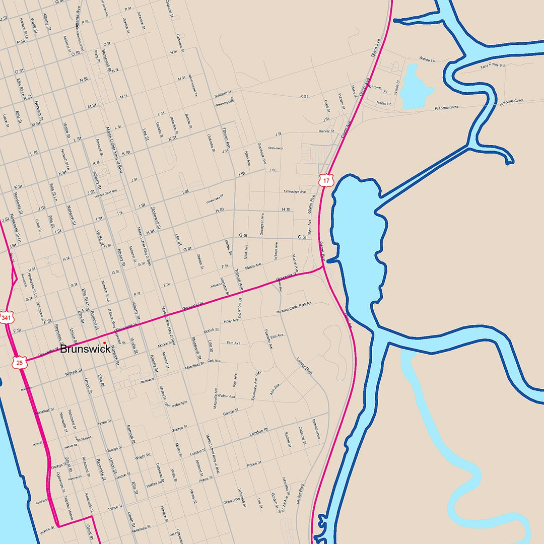 Color Cast Zip Code Style Wall Map of Brunswick, GA
