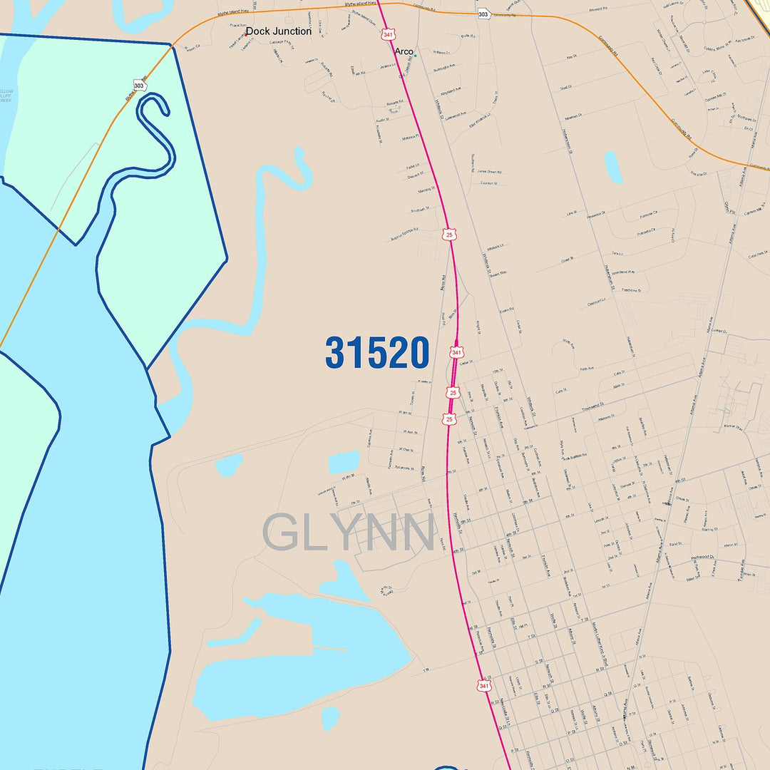 Color Cast Zip Code Style Wall Map of Brunswick, GA