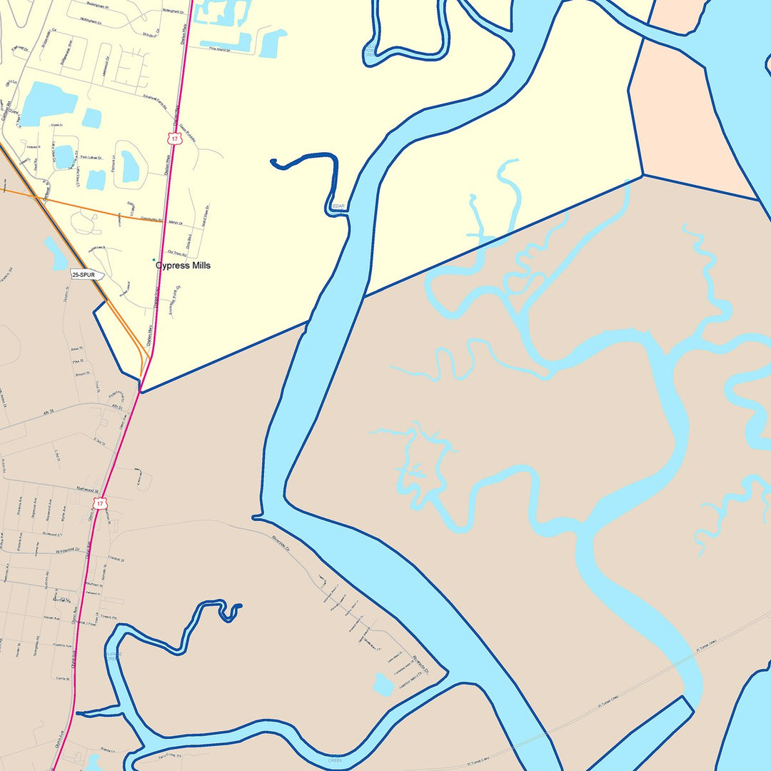 Color Cast Zip Code Style Wall Map of Brunswick, GA