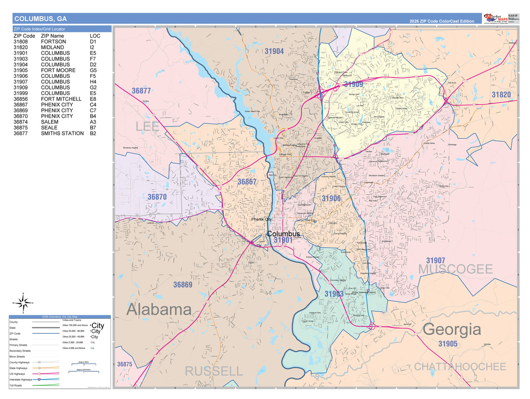 Color Cast Zip Code Style Wall Map of Columbus, GA