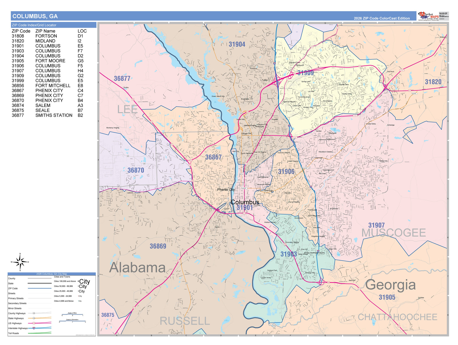 Color Cast Zip Code Style Wall Map of Columbus, GA