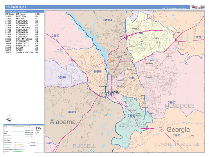 Color Cast Zip Code Style Wall Map of Columbus, GA