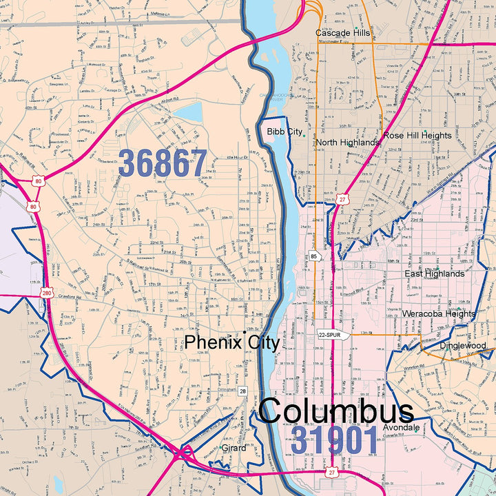 Color Cast Zip Code Style Wall Map of Columbus, GA