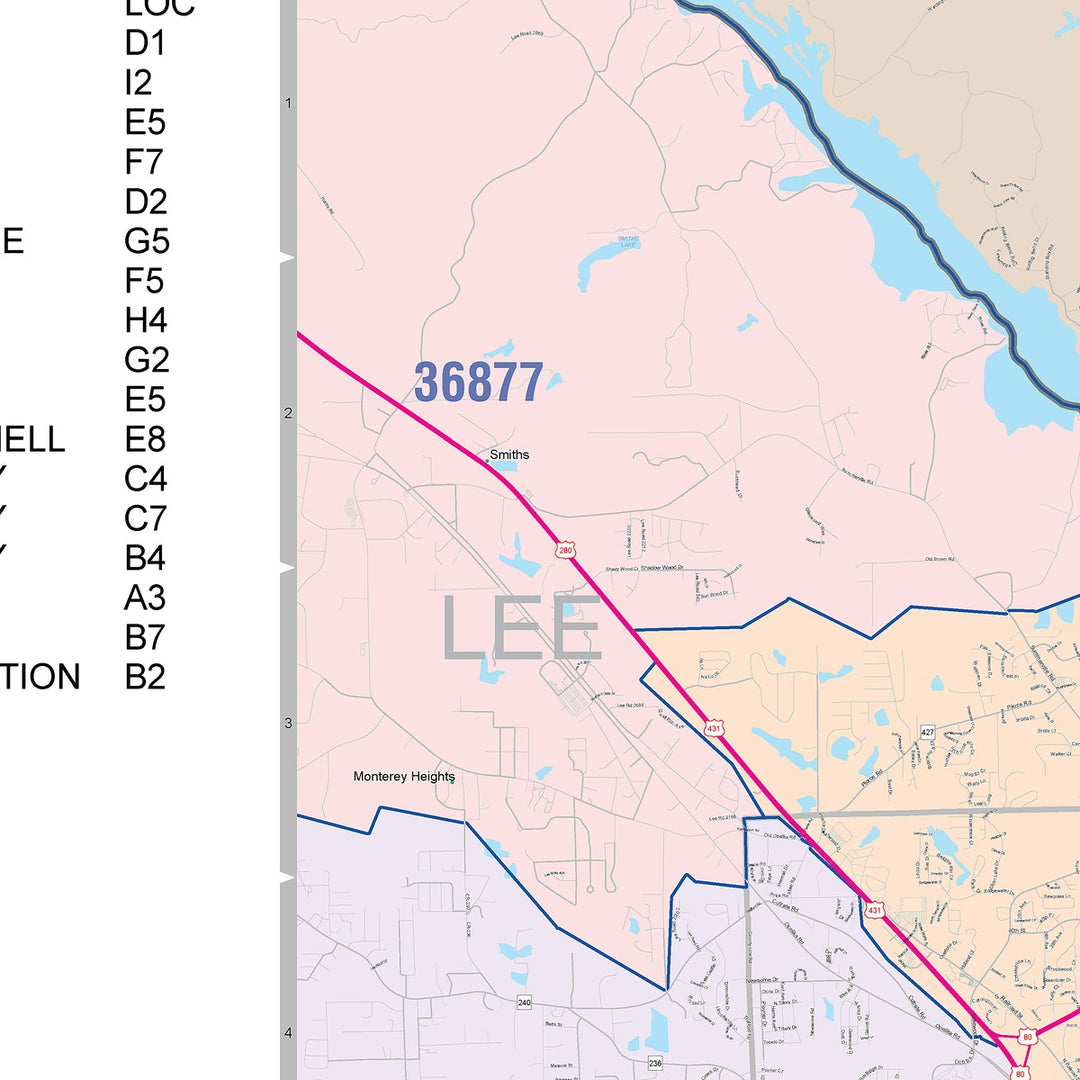 Color Cast Zip Code Style Wall Map of Columbus, GA
