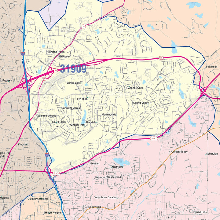 Color Cast Zip Code Style Wall Map of Columbus, GA