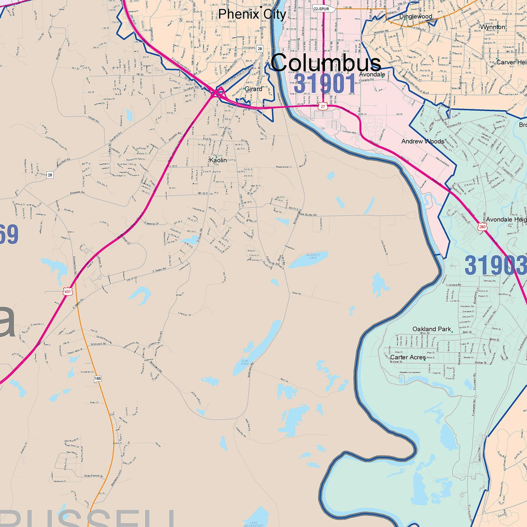 Color Cast Zip Code Style Wall Map of Columbus, GA