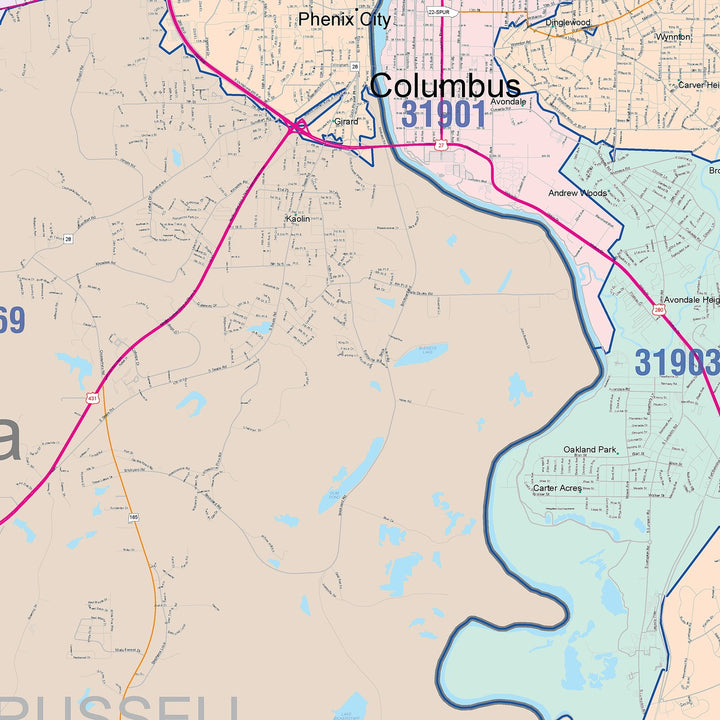 Color Cast Zip Code Style Wall Map of Columbus, GA