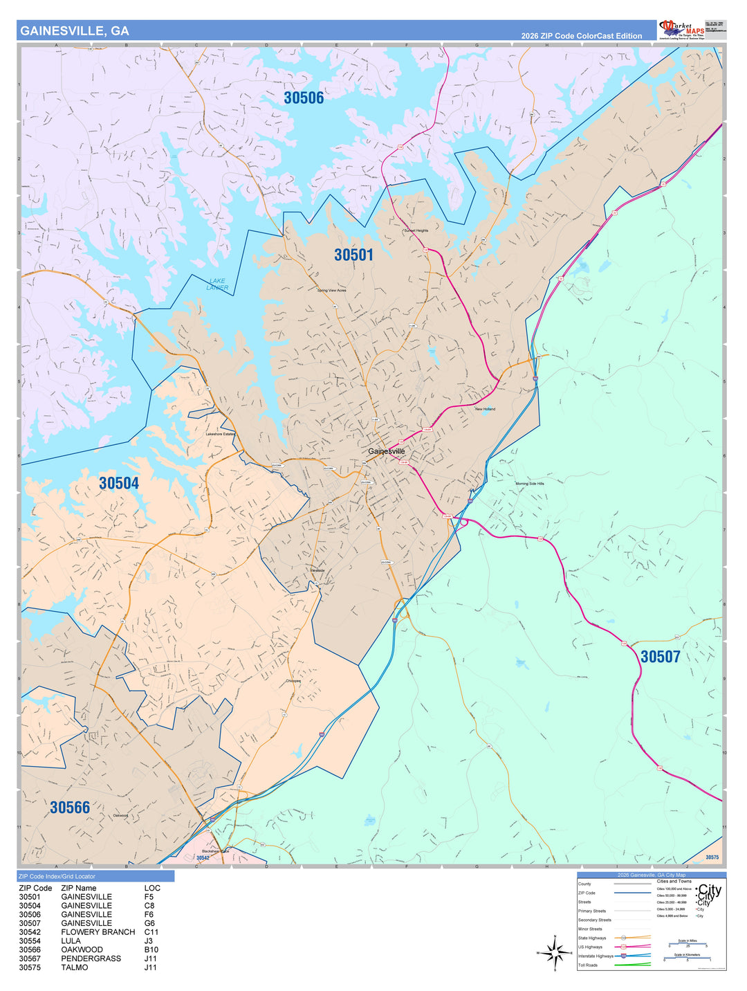 Color Cast Zip Code Style Wall Map of Gainesville, GA