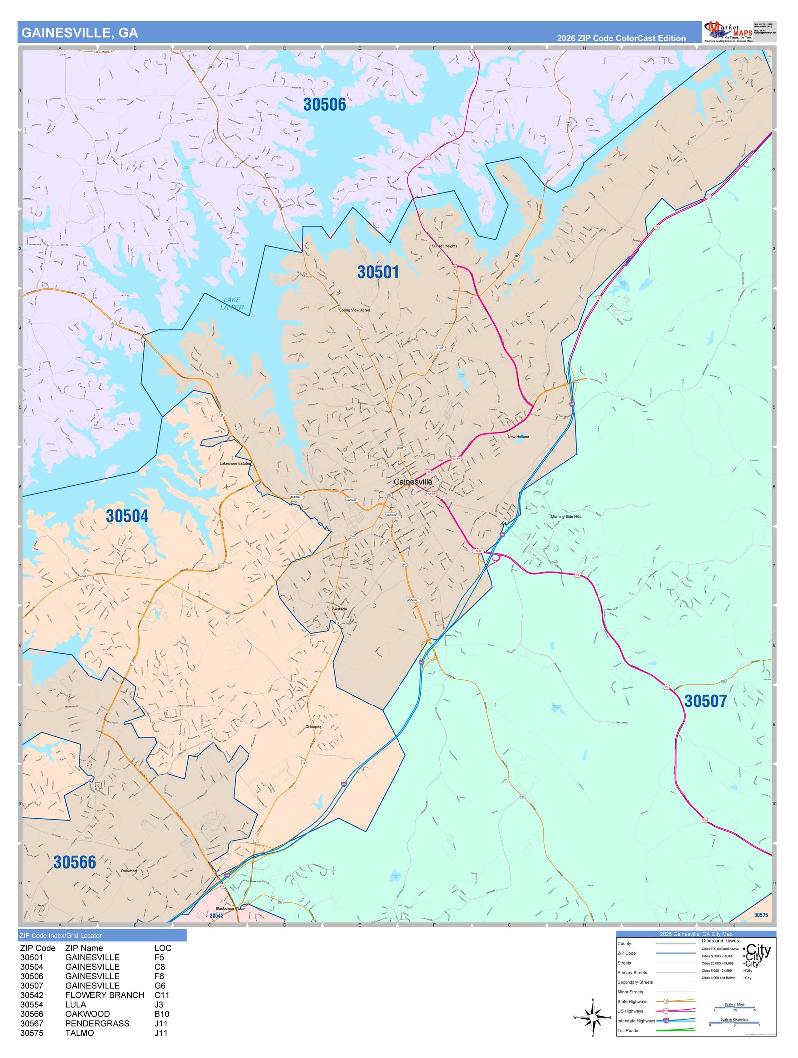 Color Cast Zip Code Style Wall Map of Gainesville, GA