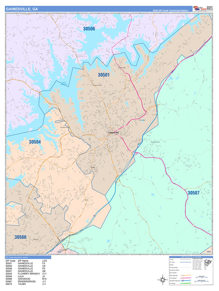 Color Cast Zip Code Style Wall Map of Gainesville, GA