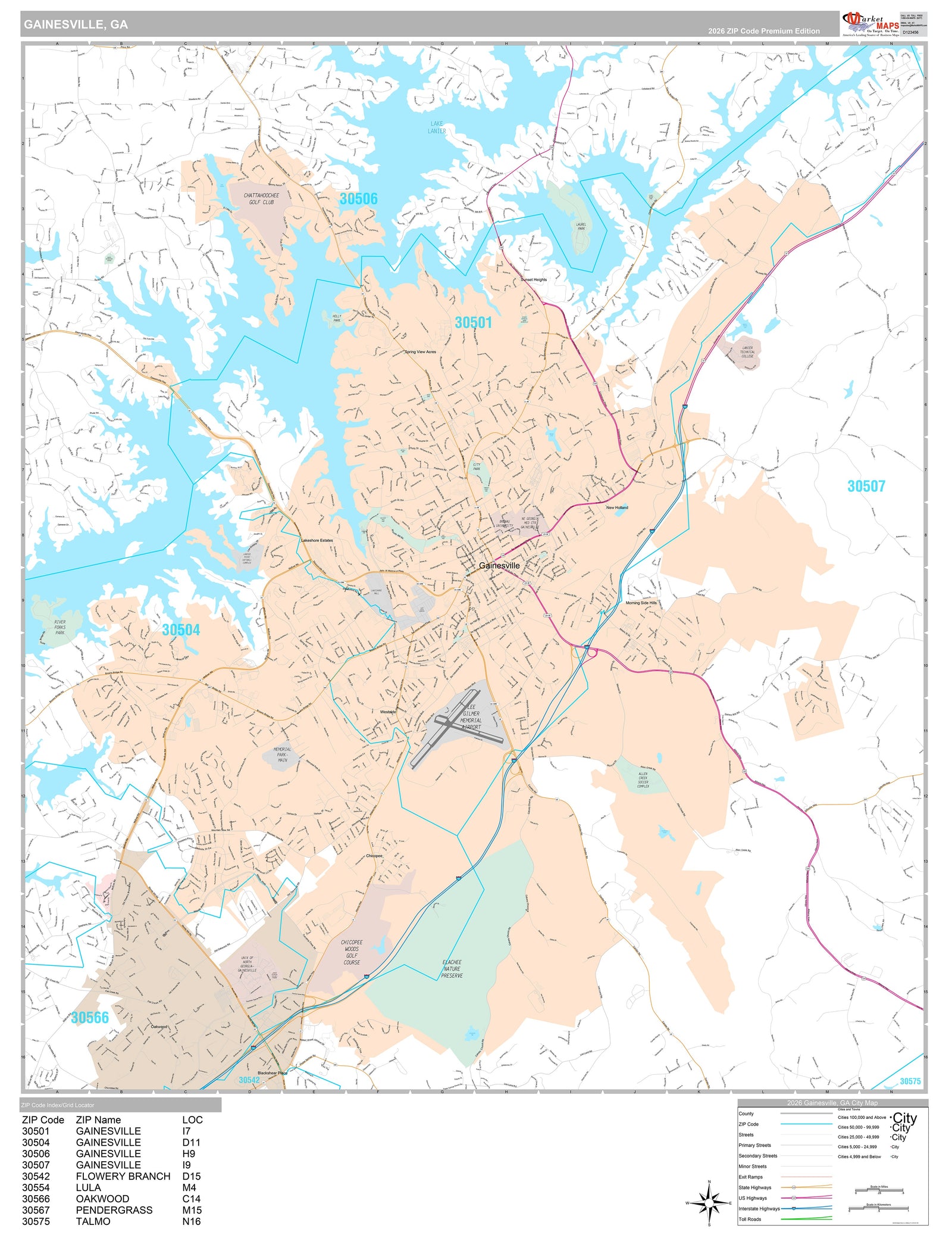 Premium Style Wall Map of Gainesville, GA