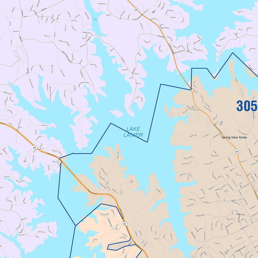 Color Cast Zip Code Style Wall Map of Gainesville, GA