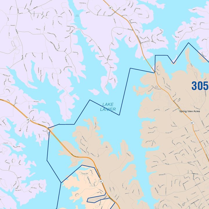 Color Cast Zip Code Style Wall Map of Gainesville, GA