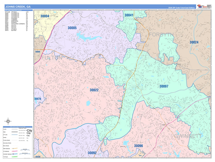 Color Cast Zip Code Style Wall Map of Johns Creek, GA