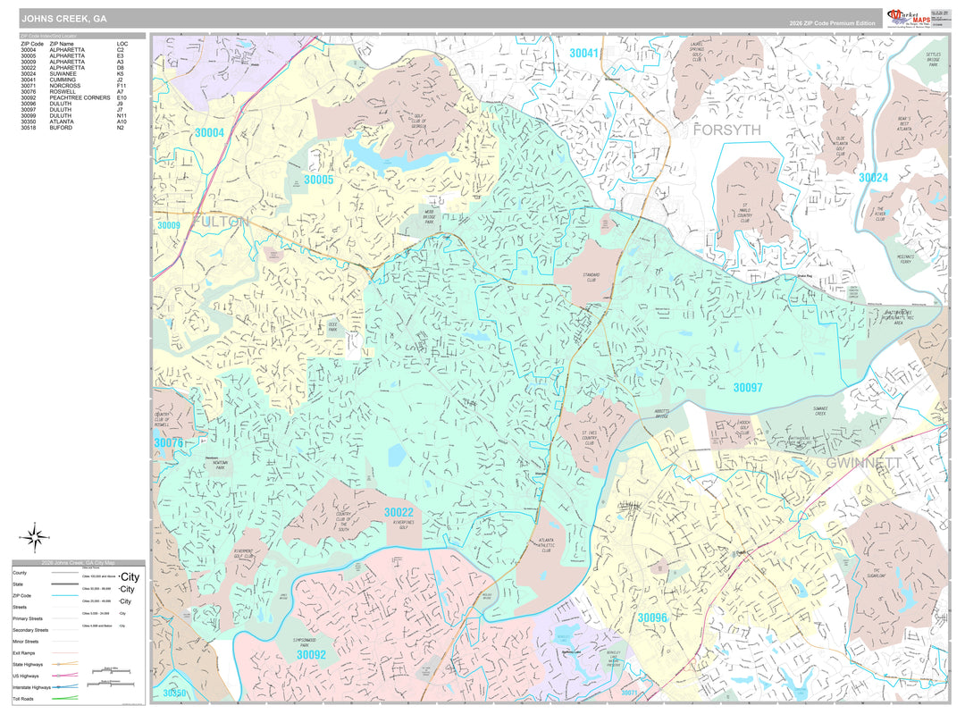Premium Style Wall Map of Johns Creek, GA
