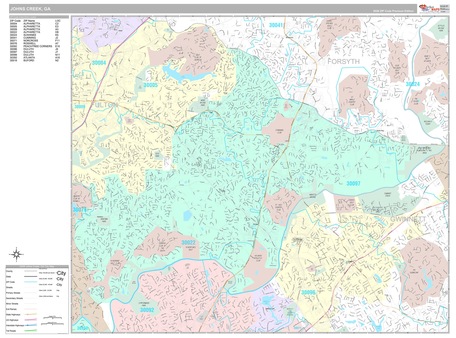 Premium Style Wall Map of Johns Creek, GA