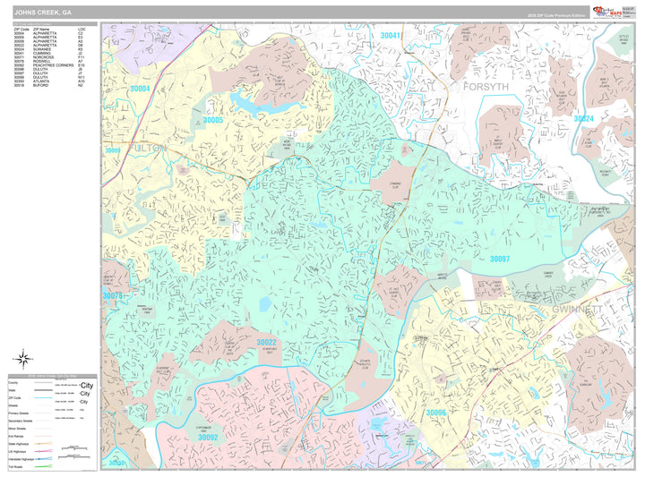 Premium Style Wall Map of Johns Creek, GA