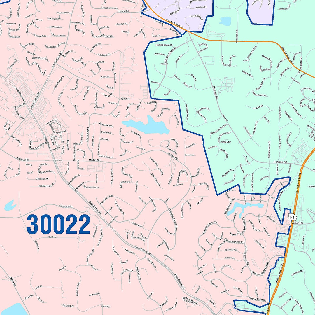 Color Cast Zip Code Style Wall Map of Johns Creek, GA