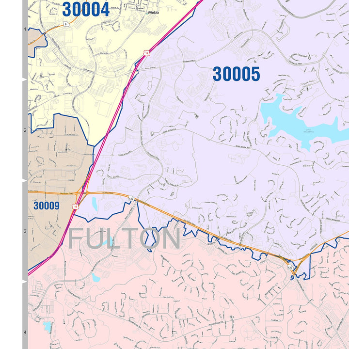 Color Cast Zip Code Style Wall Map of Johns Creek, GA