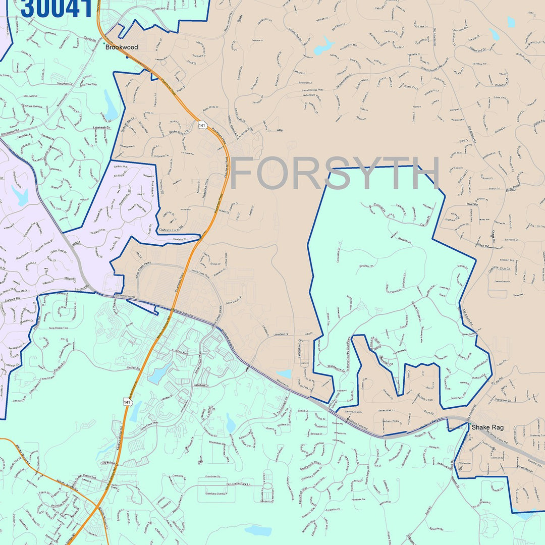 Color Cast Zip Code Style Wall Map of Johns Creek, GA