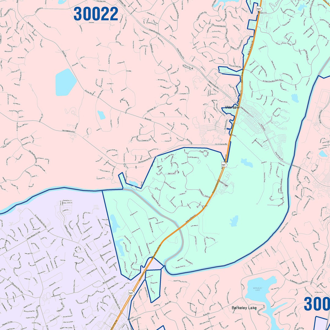 Color Cast Zip Code Style Wall Map of Johns Creek, GA