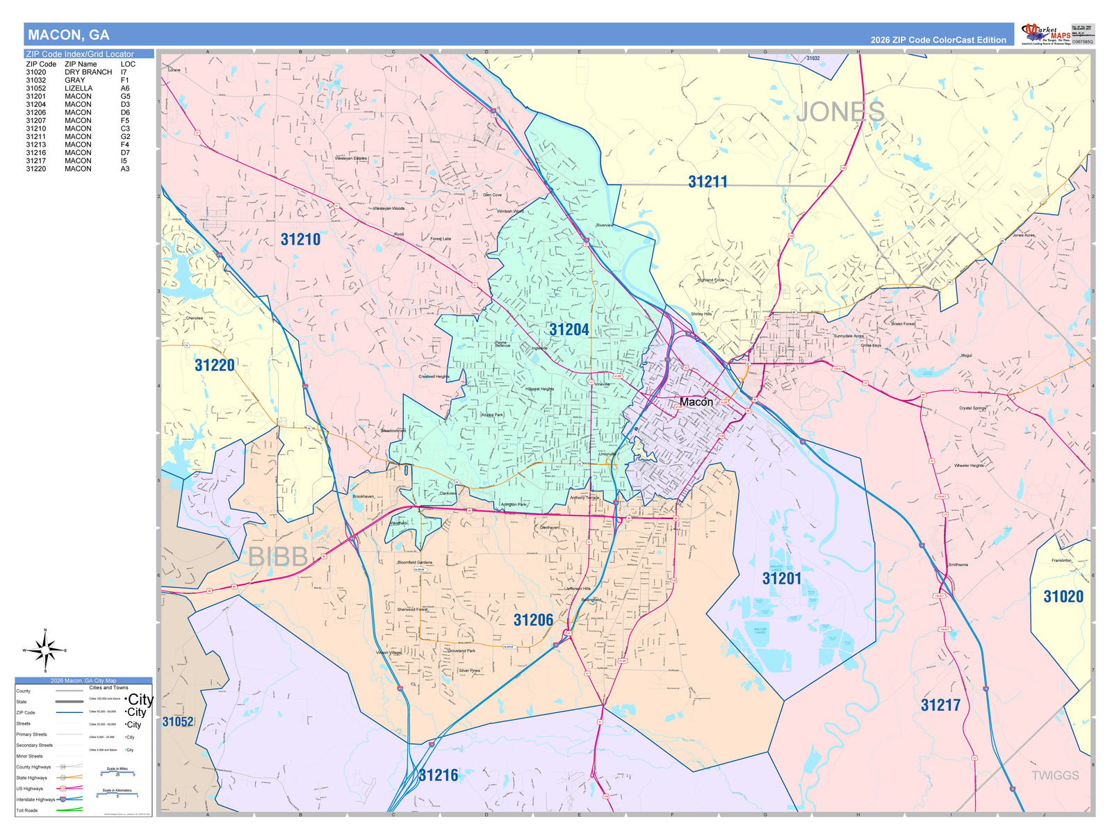 Color Cast Zip Code Style Wall Map of Macon, GA