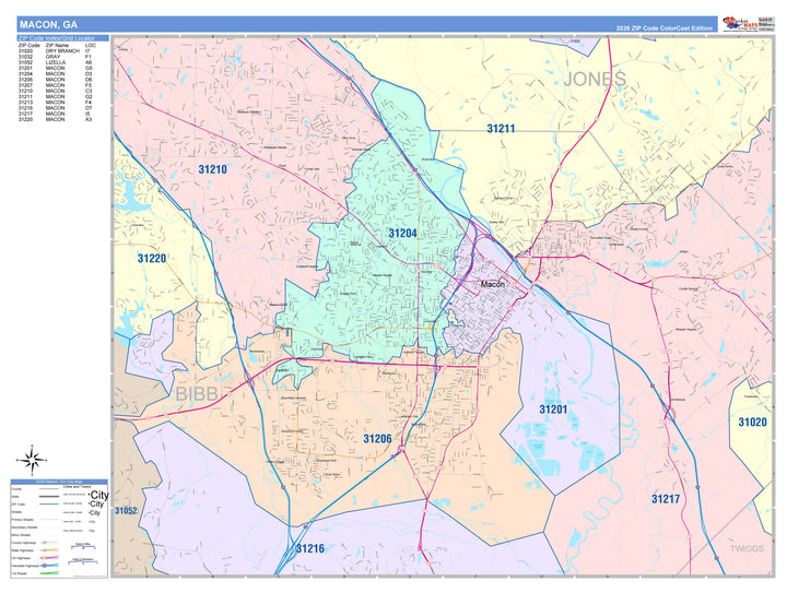 Color Cast Zip Code Style Wall Map of Macon, GA