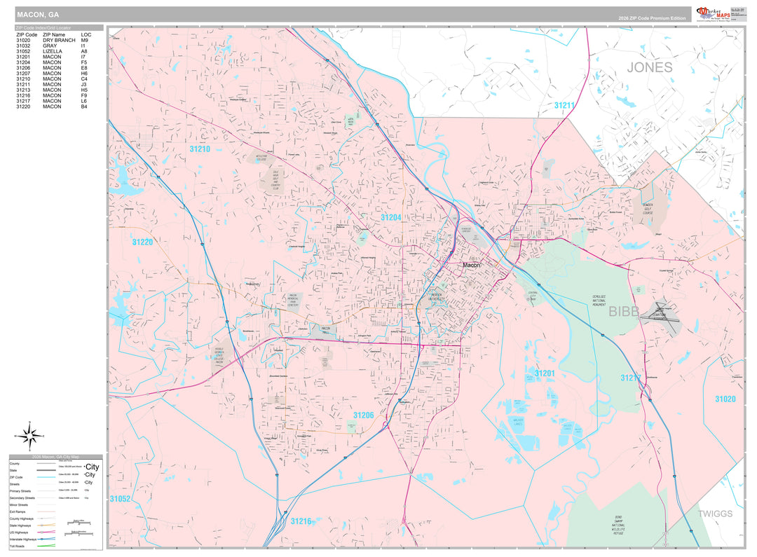 Premium Style Wall Map of Macon, GA