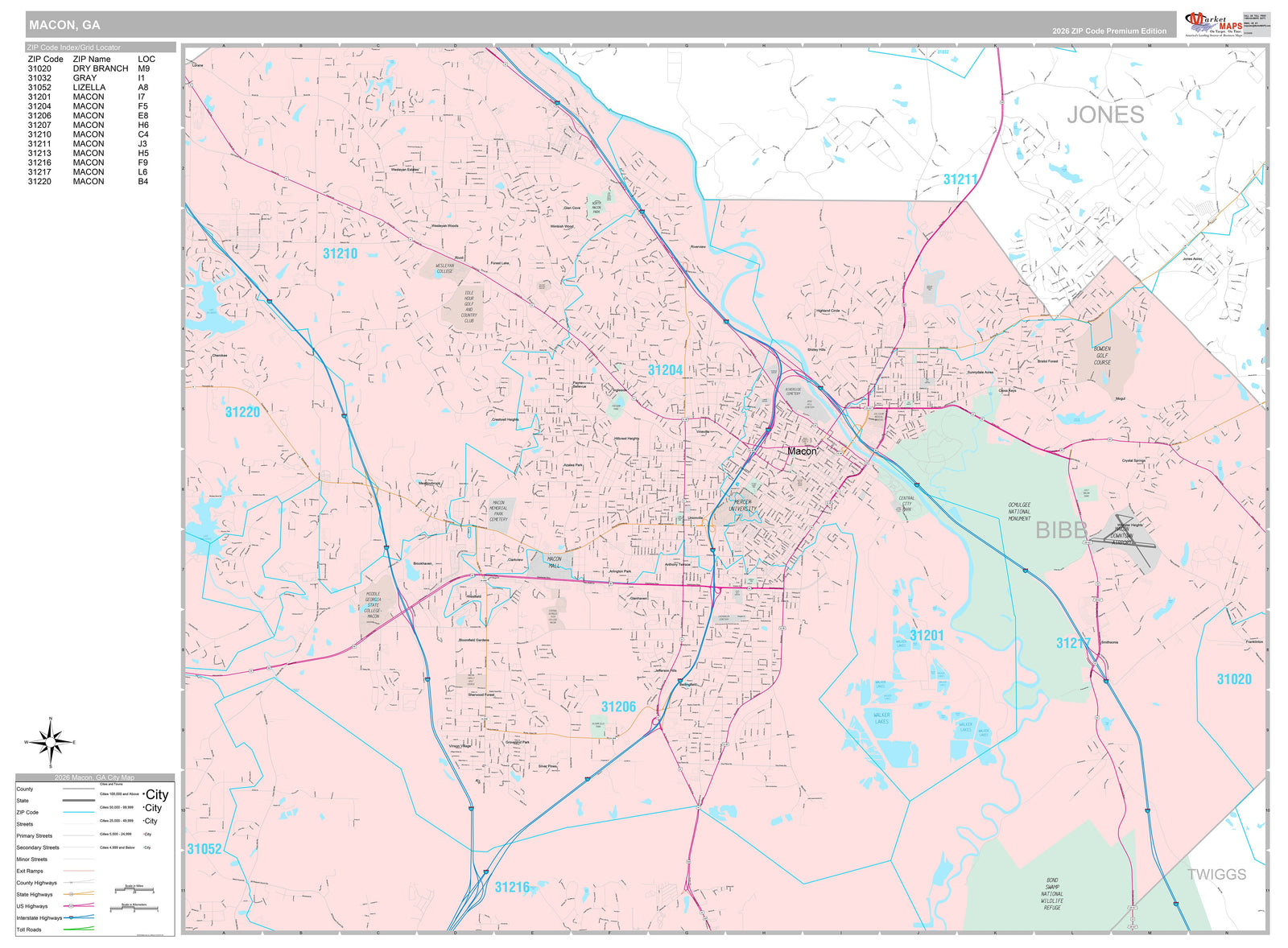 Premium Style Wall Map of Macon, GA