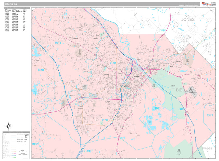 Premium Style Wall Map of Macon, GA