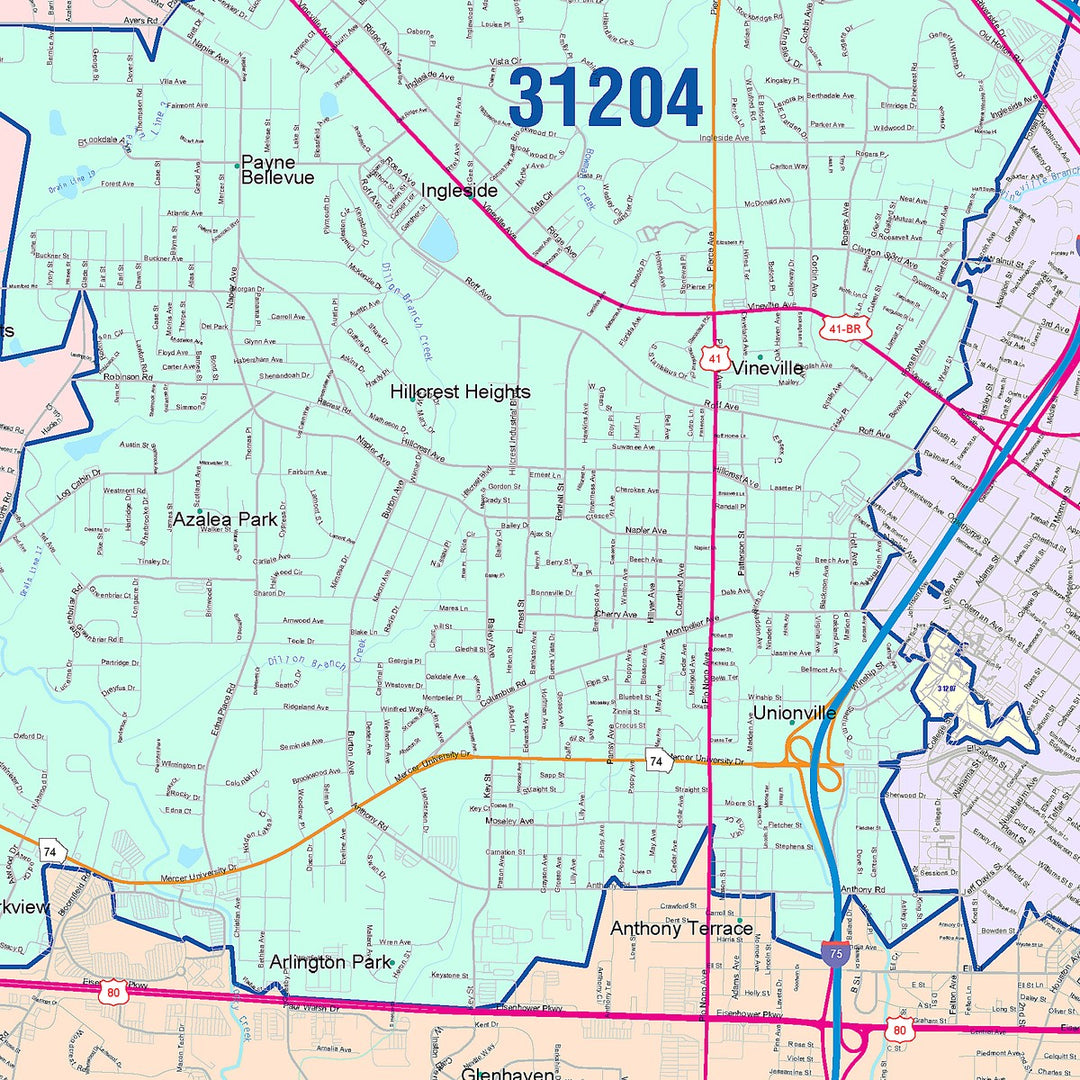 Color Cast Zip Code Style Wall Map of Macon, GA