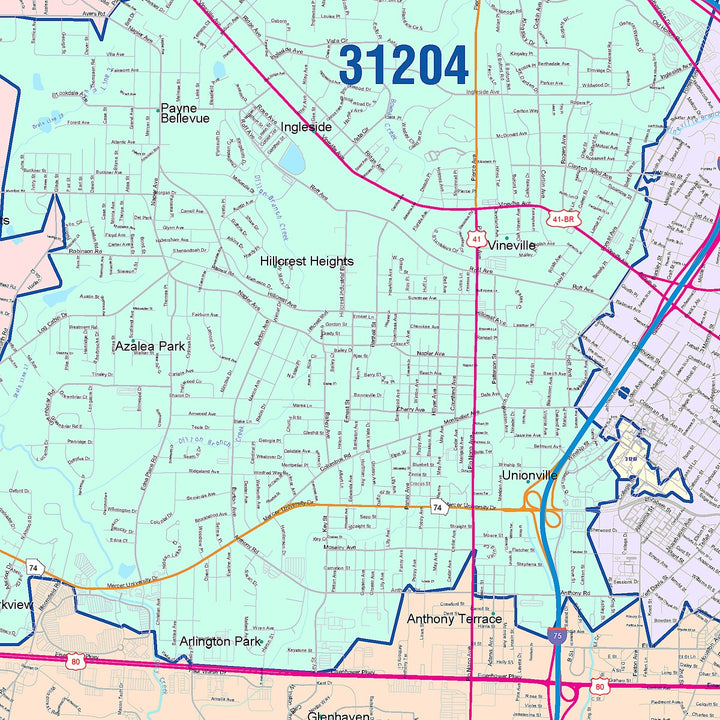 Color Cast Zip Code Style Wall Map of Macon, GA