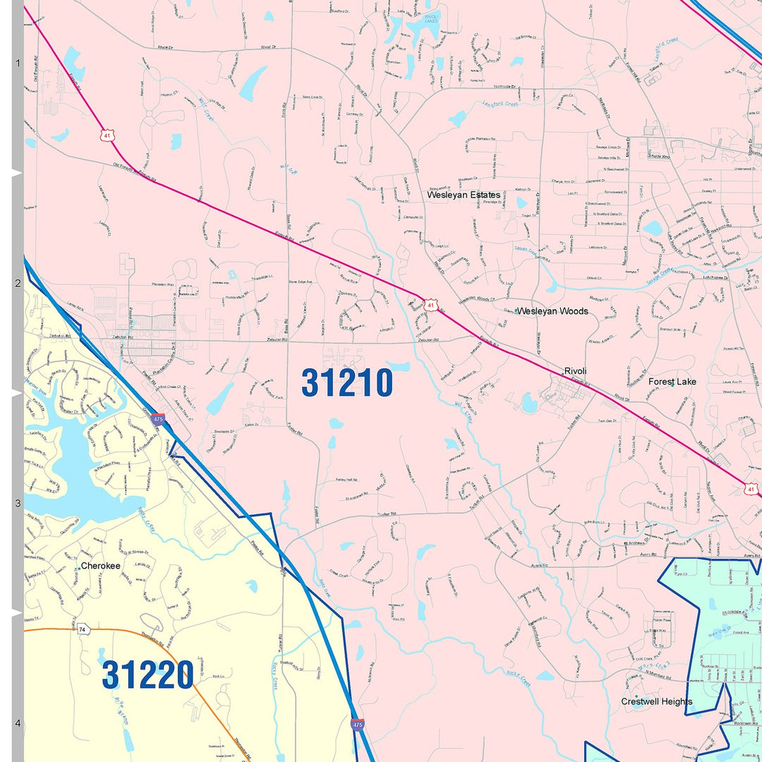Color Cast Zip Code Style Wall Map of Macon, GA
