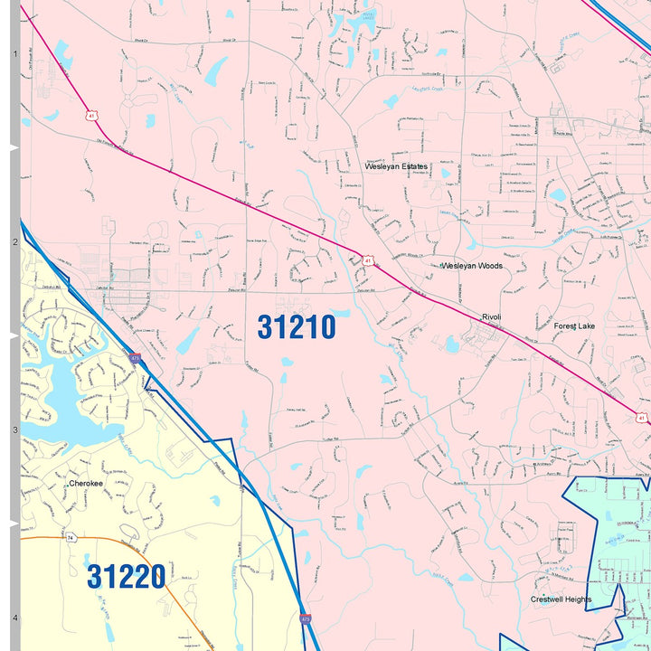 Color Cast Zip Code Style Wall Map of Macon, GA